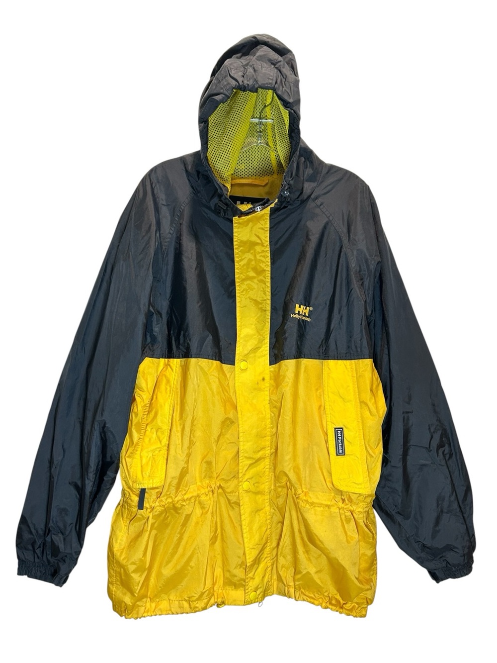 VTG Helly Hansen Men’s Yellow & Black Mesh Lined Packable Rain Jacket - Large